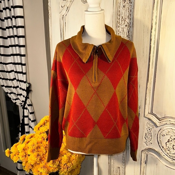 Cider Red and Gold Argyle 1/4  Front Zip Long Sleeve Sweater Preppy Academia - Picture 1 of 10